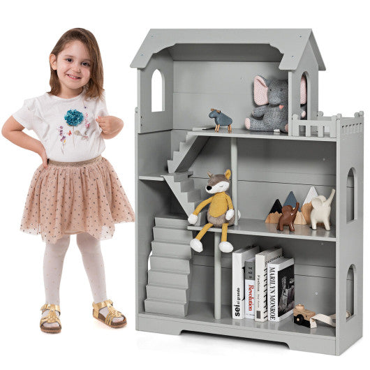 Kids Wooden Dollhouse Bookshelf with Anti-Tip Design and Storage Space-Gray