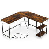 L Shaped Computer Desk with 2 Outlets and 2 USB Ports-Brown