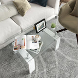 Rectangular Tempered Glass Coffee Table End Side Table with Shelf-White