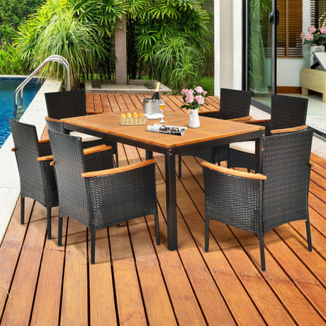 7 Pieces Patio Rattan Dining Set with Armrest Cushioned Chair and Umbrella Hole