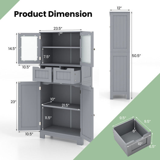 4 Door Freee-Standing Bathroom Cabinet with 2 Drawers and Glass Doors-Gray