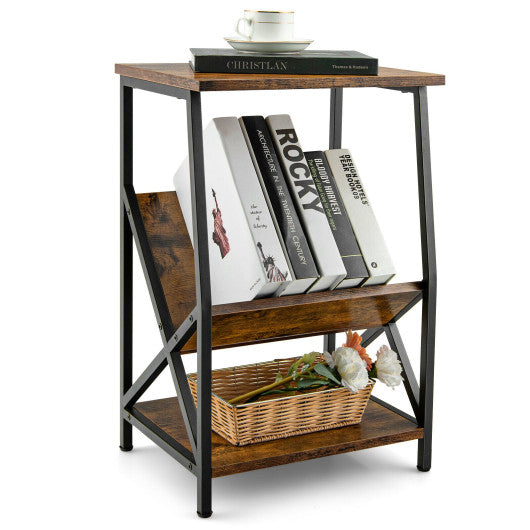 3-Tier Industrial Side Table with V-shaped Bookshelf for Living Room-Rustic Brown