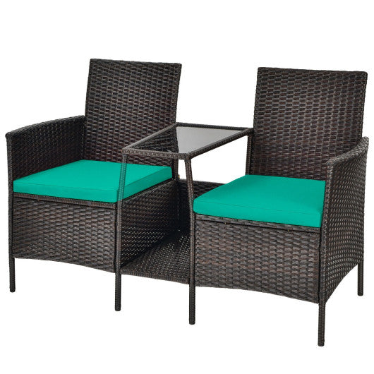 Patio Rattan Wicker Conversation Set Sofa Cushioned Loveseat Glass Table-Turquoise