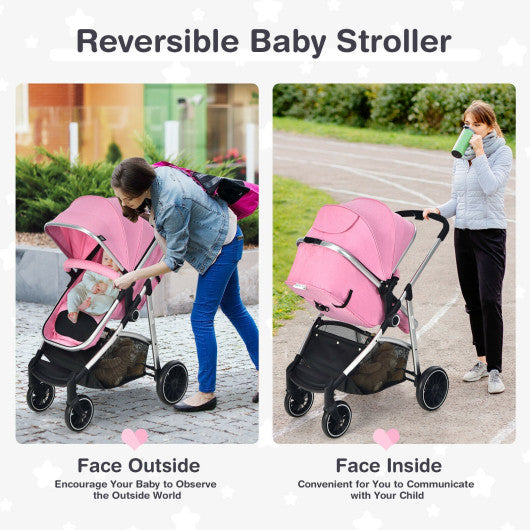 2-in-1 Convertible Baby Stroller with Reversible Seat-Pink