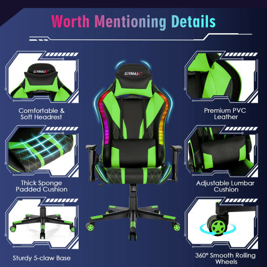 Gaming Chair Adjustable Swivel Computer Chair with Dynamic LED Lights-Green