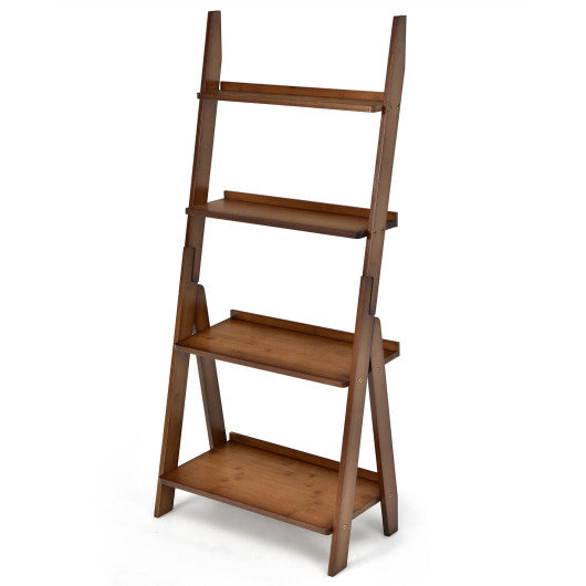 4-Tier Bamboo Ladder Shelf Bookcase for Study Room-Brown