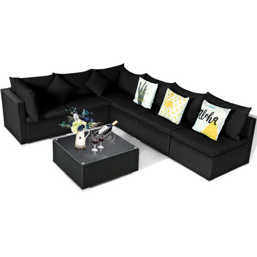 7 Pieces Sectional Wicker Furniture Sofa Set with Tempered Glass Top-Black & White