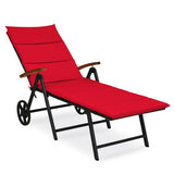 Folding Patio Rattan Lounge Chair with Wheels-Red