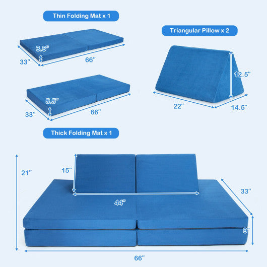 4-Piece Convertible Kids Couch Set with 2 Folding Mats-Blue