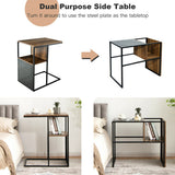 2-Tier C-Shaped Reversible End Table with Wooden Shelf for Living Room-Brown