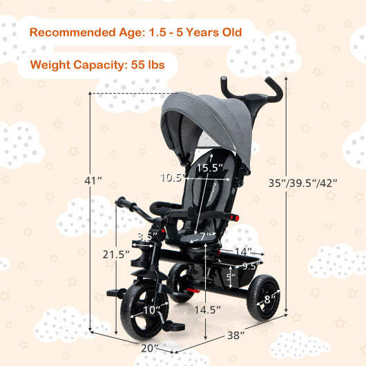 4-in-1 Baby Tricycle Toddler Trike with Convertible Seat-Gray