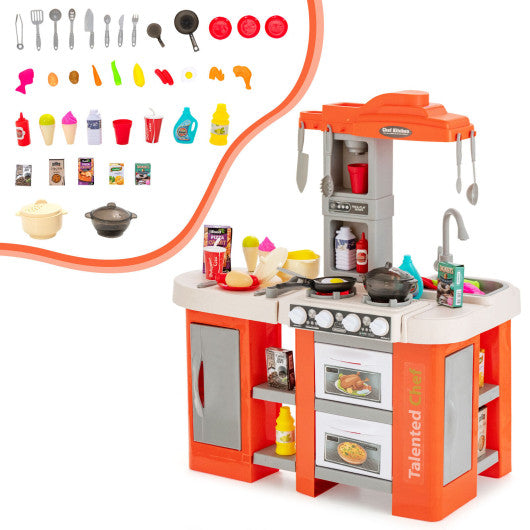 67 Pieces Play Kitchen Set for Kids with Food and Realistic Lights and Sounds-Orange