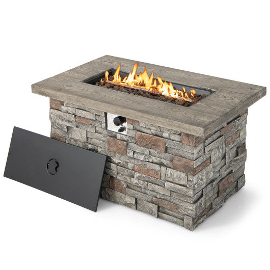 43.5 Inch Rectangle Faux Stone Propane Gas Fire Pit Table with Lava Rock and PVC Cover-Gray