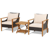 3 Pieces Patio Wicker Furniture Set with 2-Tier Side Table and Cushioned Armchairs-Natural