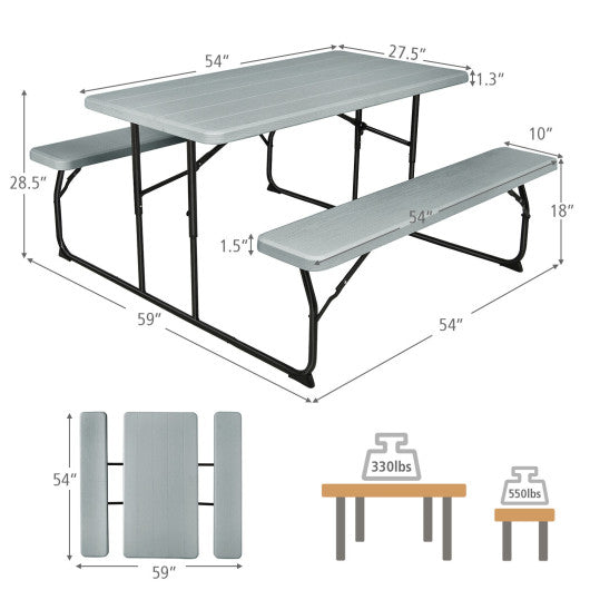 Indoor and Outdoor Folding Picnic Table Bench Set with Wood-like Texture-Gray