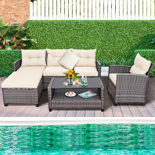 4 Pieces Patio Rattan Furniture Set with Cushion and Table Shelf-Off White