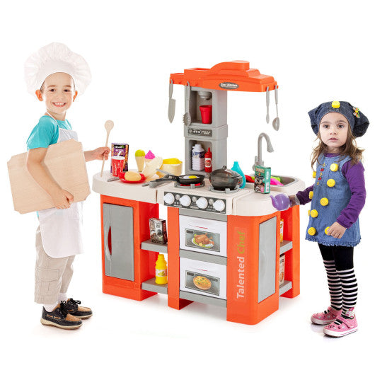 67 Pieces Play Kitchen Set for Kids with Food and Realistic Lights and Sounds-Orange