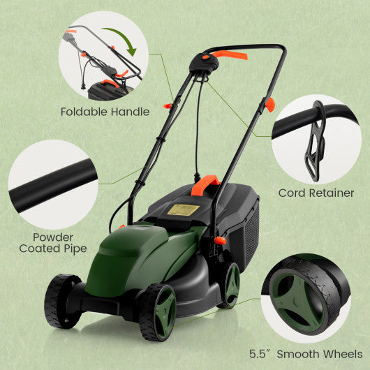 12-AMP 13.5 Inch Adjustable Electric Corded Lawn Mower with Collection Box-Green