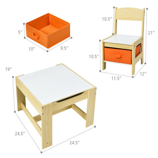 Kids Table Chairs Set With Storage Boxes Blackboard Whiteboard Drawing-Natural