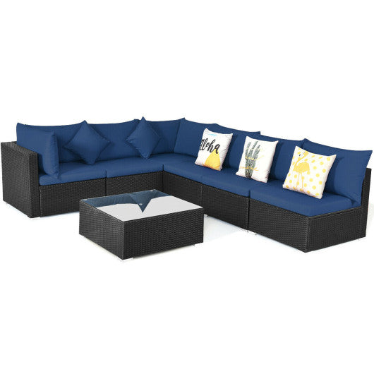 7-Piece Outdoor Sectional Wicker Patio Sofa Set with Tempered Glass Top-Navy