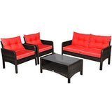 4 Pieces Outdoor Rattan Wicker Loveseat Furniture Set with Cushions-Red