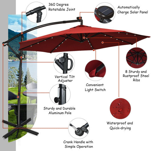 10 ft 360° Rotation Solar Powered LED Patio Offset Umbrella without Weight Base-Dark Red