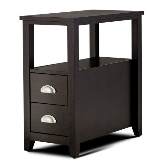 End Table Wooden with 2 Drawers and Shelf Bedside Table-Dark Brown