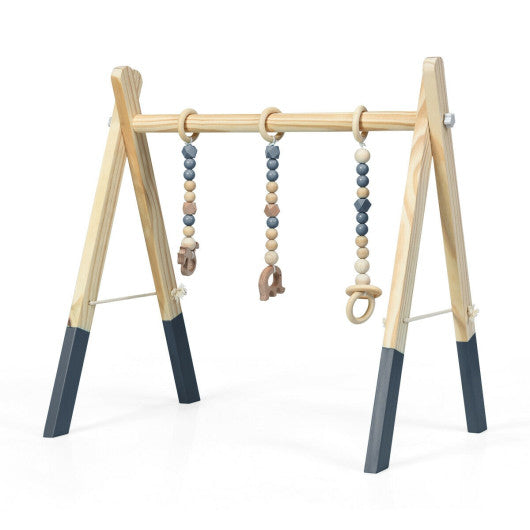 Portable 3 Wooden Newborn Baby Exercise Activity Gym Teething Toys Hanging Bar-Gray