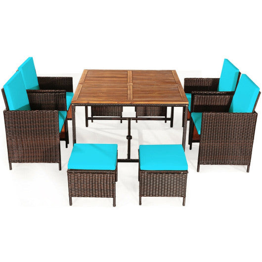 9 Pieces Patio Rattan Dining Cushioned Chairs Set-Turquoise