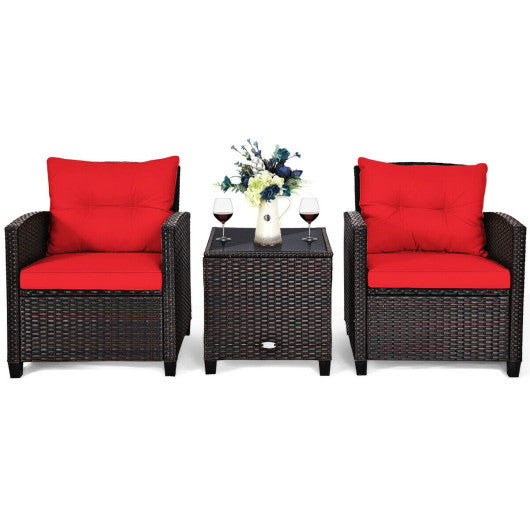 3 Pcs Patio Rattan Furniture Set Cushioned Conversation Set Coffee Table-Red