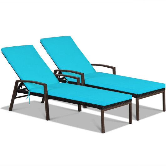 2 Pieces Patio Rattan Adjustable Back Lounge Chair with Armrest and Removable Cushions-Turquoise