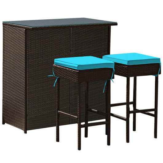 3PCS Patio Rattan Wicker Bar Table Stools Dining Set-Turquoise