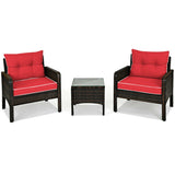 3 Pcs Outdoor Patio Rattan Conversation Set with Seat Cushions-Red