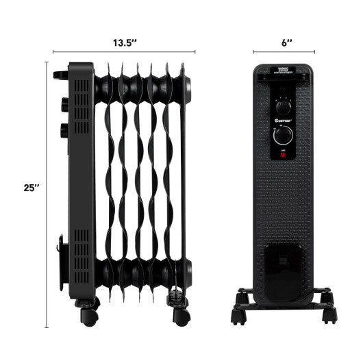 1500 W Oil-Filled Heater Portable Radiator Space Heater with Adjustable Thermostat-Black