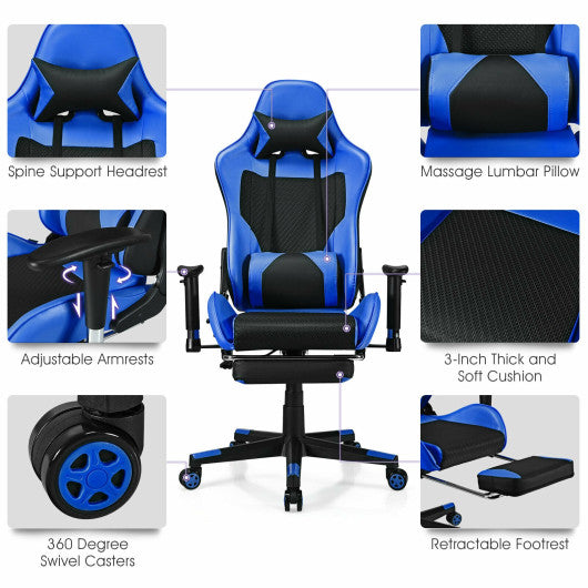 PU Leather Gaming Chair with USB Massage Lumbar Pillow and Footrest -Blue