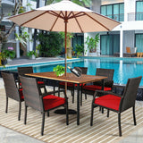 7Pcs Patio Rattan Cushioned Dining Set with Umbrella Hole-Red