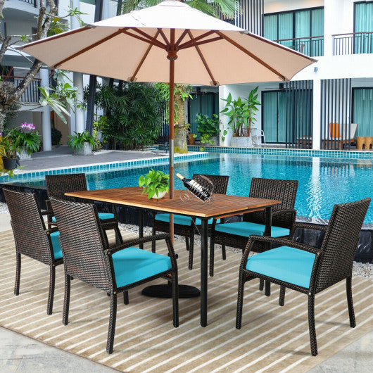 7Pcs Patio Rattan Cushioned Dining Set with Umbrella Hole-Turquoise