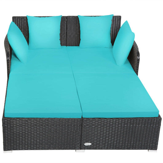 Spacious Outdoor Rattan Daybed with Upholstered Cushions and Pillows-Turquoise