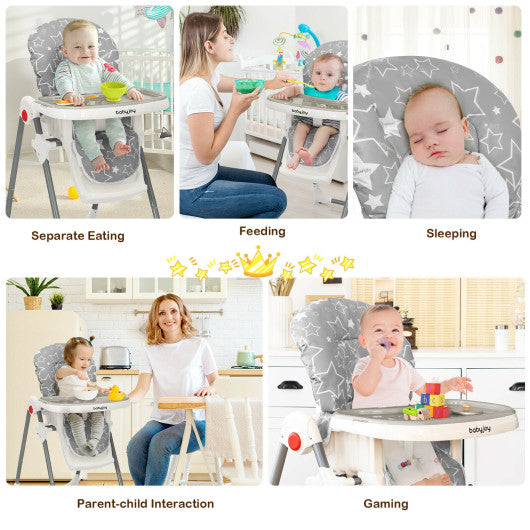 Folding Baby High Dining Chair with 6-Level Height Adjustment-Gray