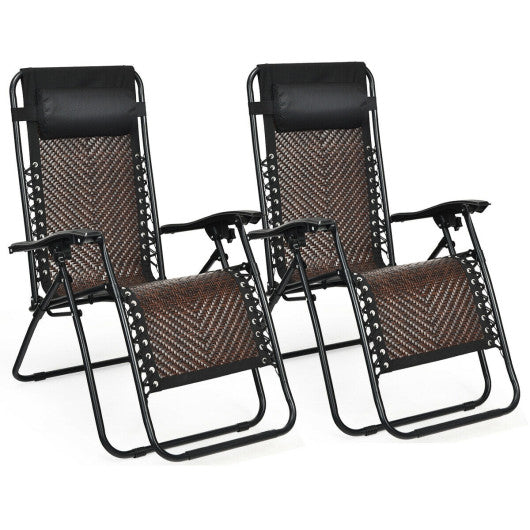 2 Pieces Folding Patio Rattan Zero Gravity Lounge Chair-Light Brown