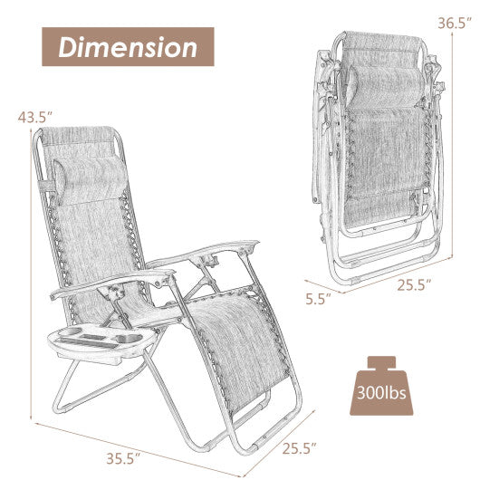 Outdoor Folding Zero Gravity Reclining Lounge Chair with Utility Tray-Brown