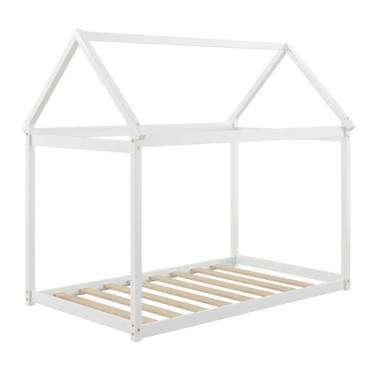 Stable Kids Platform Floor Bed with Roof ang Heavy-Duty Slats-White