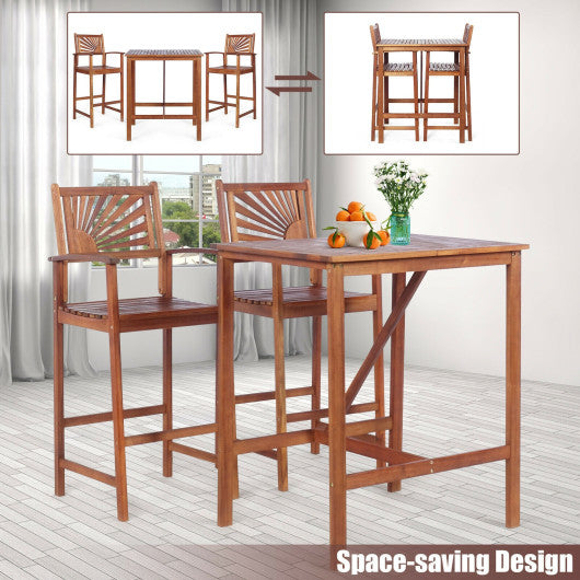 3 Pieces Acacia Wood Patio Bar Set with Sunflower Patterned Backrest