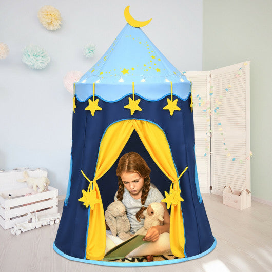Indoor Outdoor Kids Foldable Pop-Up Play Tent with Star Lights Carry Bag-Blue