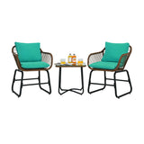 3 Pieces Patio Rattan Bistro Set Cushioned Chair Glass Table Deck-Turquoise