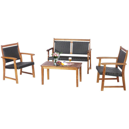 4 Pieces Outdoor Patio Rattan Furniture Sofa Set with Acacia Wood Frame