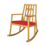 Patio Acacia Wood Rocking Chair Sofa with Armrest and Cushion for Garden and Deck-Red