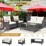 4 Pieces Patio Rattan Furniture Set with Cushioned Sofa and Storage Table-White