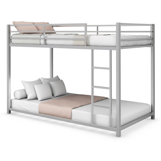 Sturdy Metal Bunk Bed Frame Twin Over Twin with Safety Guard Rails and Side Ladder-Silver