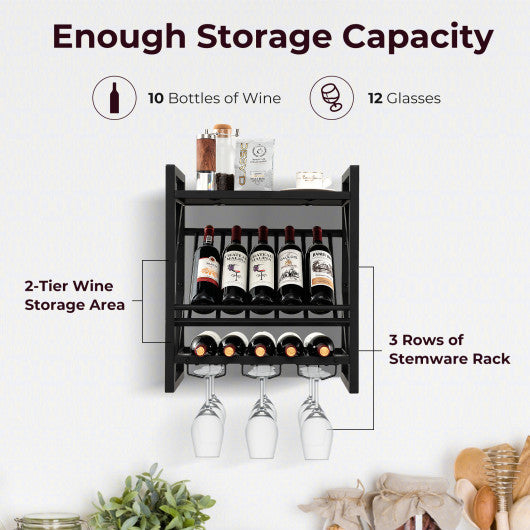 10 Bottles Wall Mounted Wine Rack with Glass Holder